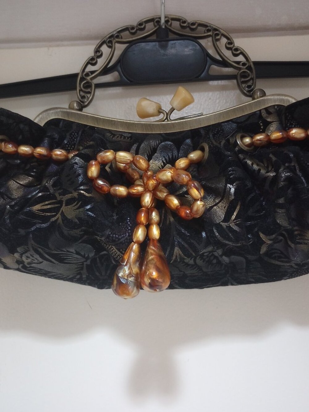 Vintage CEM blk suede bag gold beaded bow, ornate metal handle crossbody!